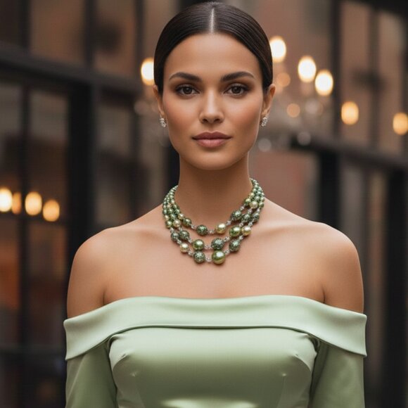 πΏ Vintage Japan Green & Gold Multi-Strand Beaded Statement Necklace πΏ - Picture 1 of 11